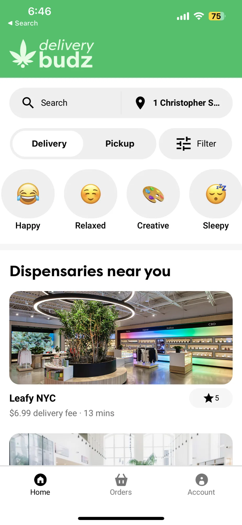 DeliveryBudz app home: search, mood filters and dispensaries near you